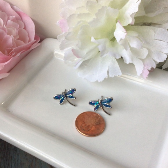 925 Sterling Silver Blue Fire Opal Earrings - Picture 5 of 7